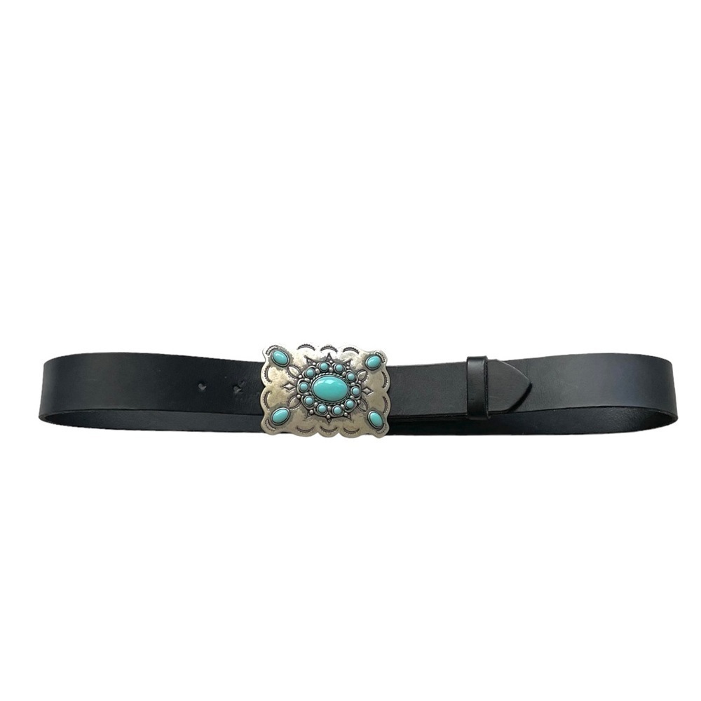 ALTAI Leather Maker Jerome AZ Black Leather Belt Silver Buckle Blue Stones 34